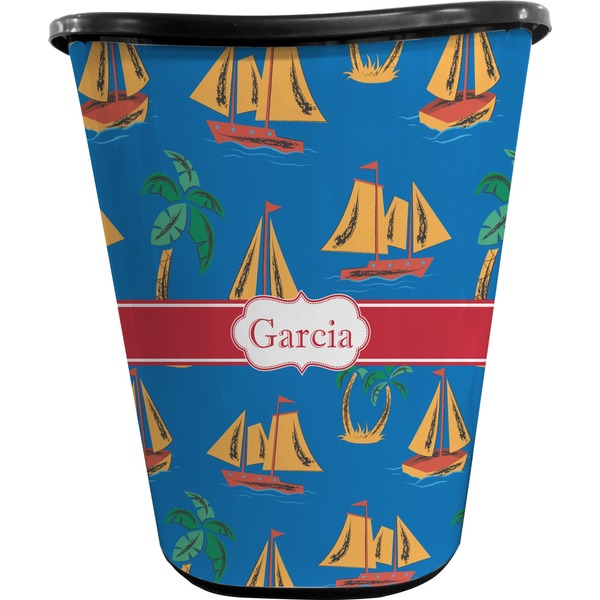 Custom Boats & Palm Trees Waste Basket - Double Sided (Black) (Personalized)