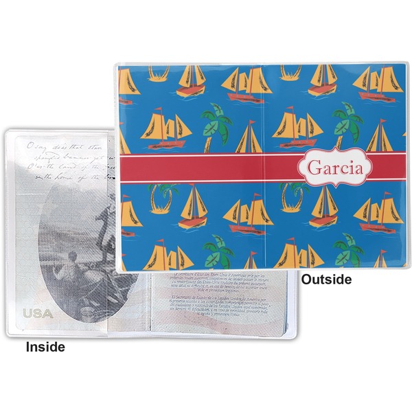 Boats & Palm Trees Vinyl Passport Holder - Flat Front and Back
