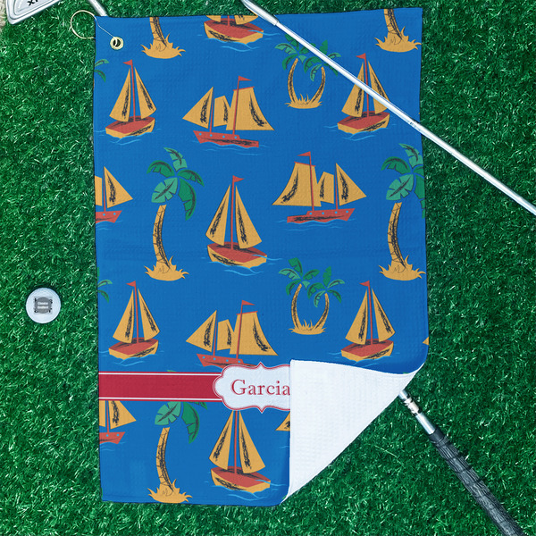 Boats & Palm Trees Waffle Weave Golf Towel - In Context