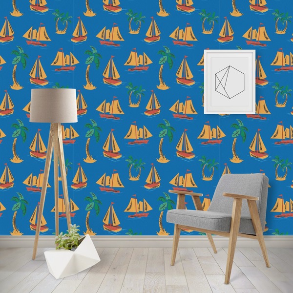 Custom Boats & Palm Trees Wallpaper & Surface Covering (Water Activated - Removable)