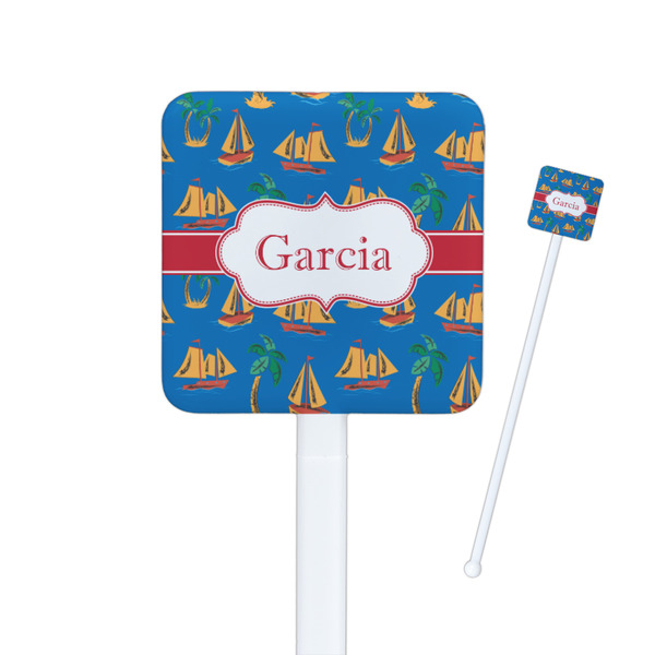 Custom Boats & Palm Trees Square Plastic Stir Sticks - Double Sided (Personalized)