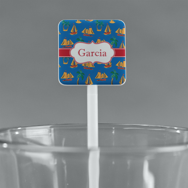 Boats & Palm Trees White Plastic Stir Stick - Square - Main