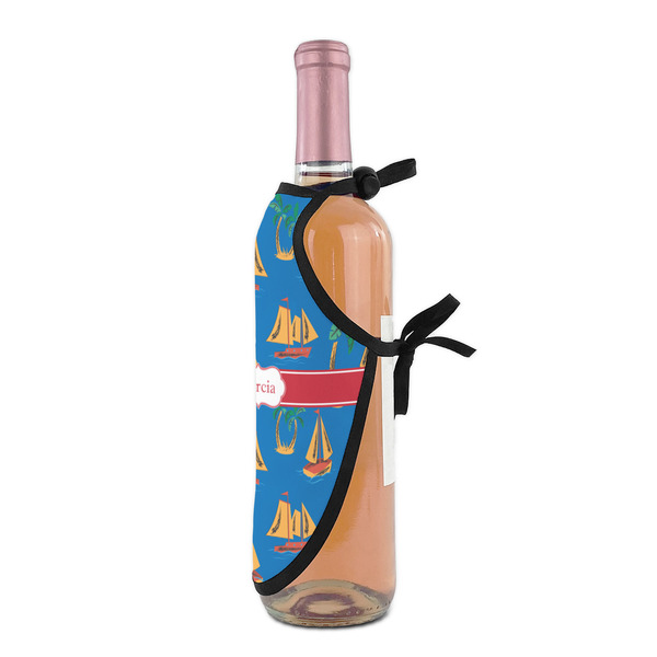Boats & Palm Trees Wine Bottle Apron - DETAIL WITH CLIP ON NECK