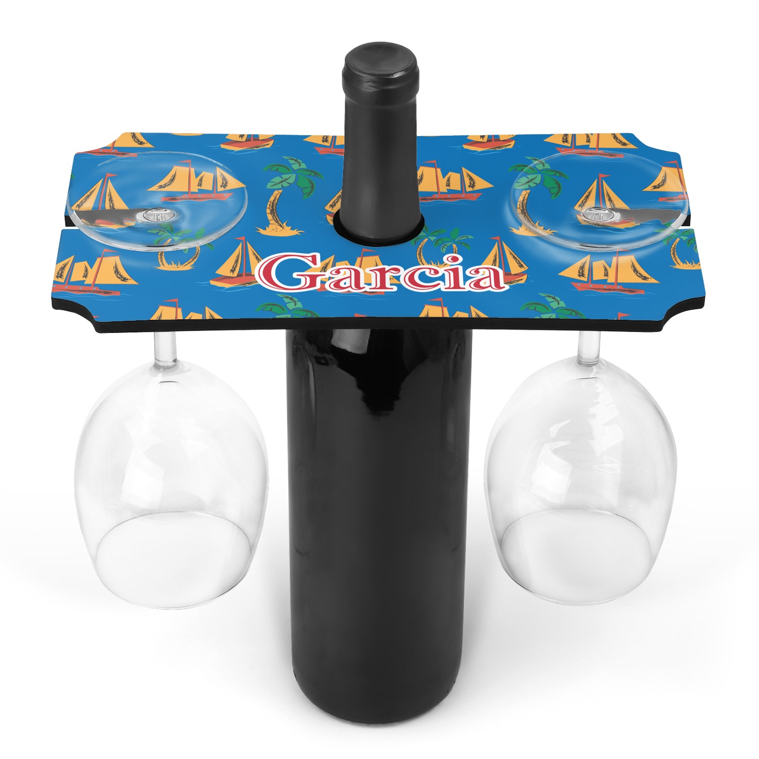 Custom Boats & Palm Trees Wine Bottle & Glass Holder (Personalized