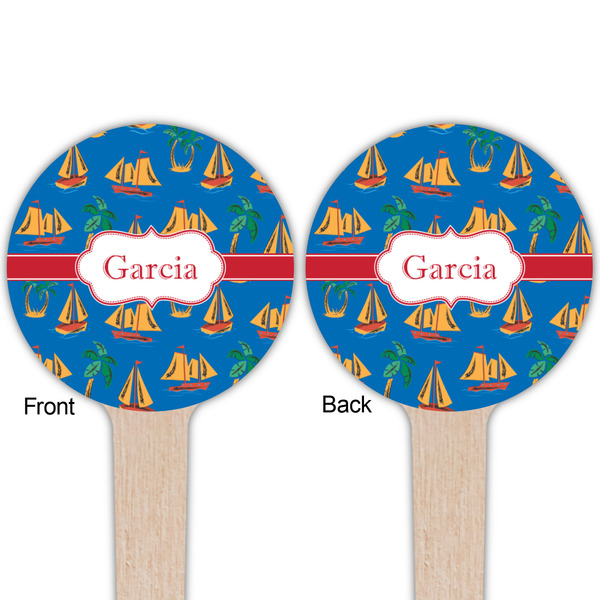 Boats & Palm Trees Wooden 4" Food Pick - Round - Double Sided - Front & Back