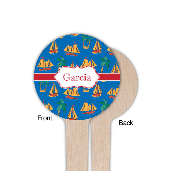 Boats & Palm Trees Wooden 4" Food Pick - Round - Single Sided - Front & Back