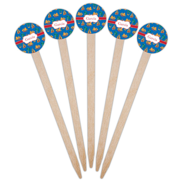 Boats & Palm Trees Wooden 6" Food Pick - Round - Fan View