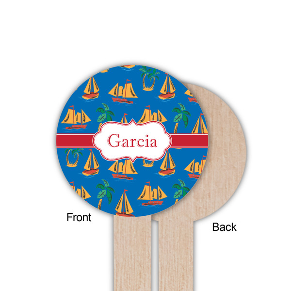 Boats & Palm Trees Wooden 6" Food Pick - Round - Single Sided - Front & Back