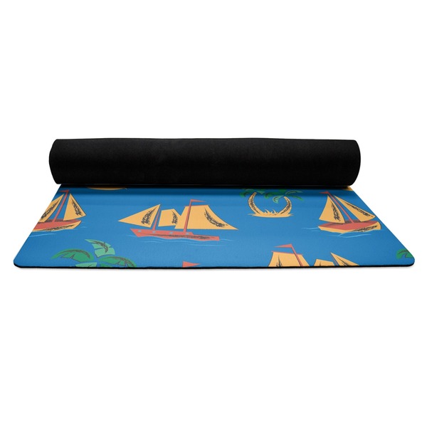 Boats & Palm Trees Yoga Mat Rolled up Black Rubber Backing