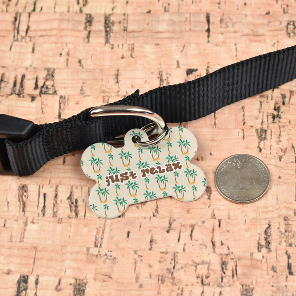 Palm Trees Bone Shaped Dog ID Tag - Large - In Context