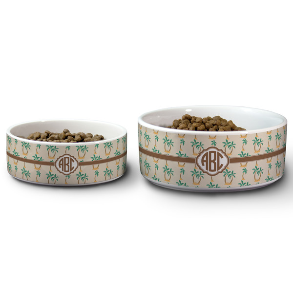 Palm Trees Ceramic Dog Bowls - Size Comparison