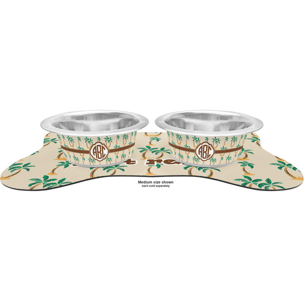 Palm Trees Metal Pet Bowls - On Dog Bone Shaped Mat