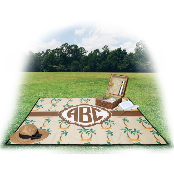 Palm Trees Picnic Blanket - with Basket Hat and Book - in Use