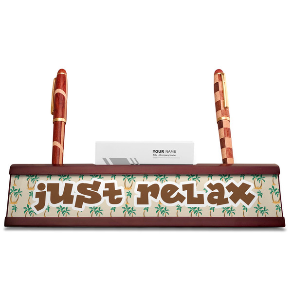 Palm Trees Red Mahogany Nameplates with Business Card Holder - Straight