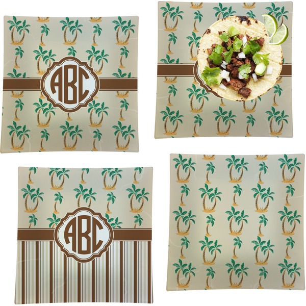 Custom Palm Trees Set of 4 Glass Square Lunch / Dinner Plate 9.5" (Personalized)