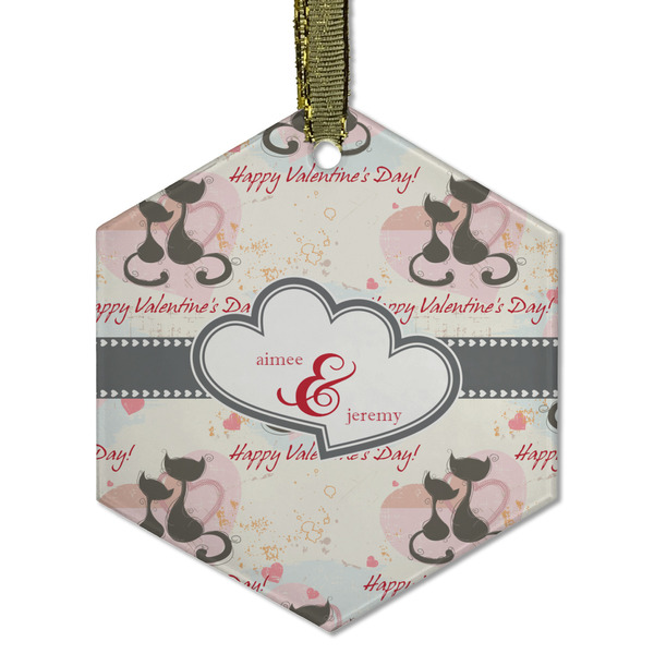 Custom Cats in Love Flat Glass Ornament - Hexagon w/ Couple's Names