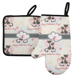 Cats in Love Left Oven Mitt & Pot Holder Set w/ Couple's Names