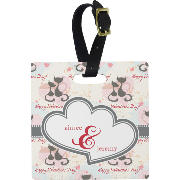 Custom Cats in Love Plastic Luggage Tag - Square w/ Couple's Names