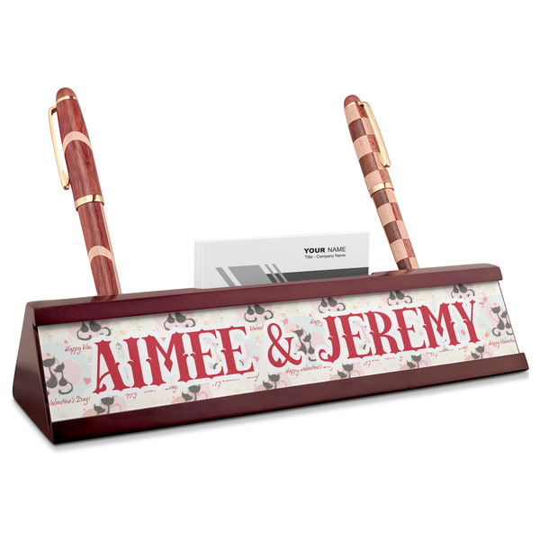 Custom Cats in Love Red Mahogany Nameplate with Business Card Holder (Personalized)