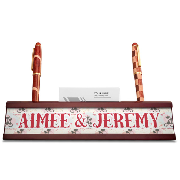 Cats in Love Red Mahogany Nameplates with Business Card Holder - Straight