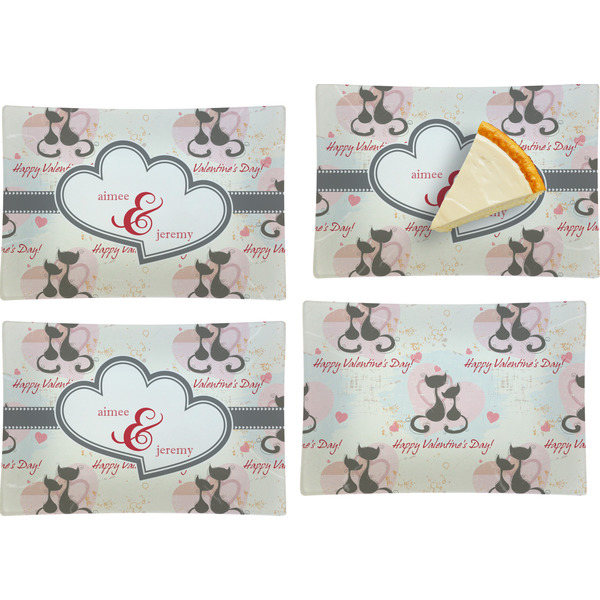 Custom Cats in Love Set of 4 Glass Rectangular Appetizer / Dessert Plate (Personalized)