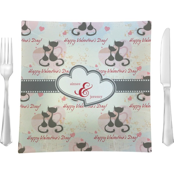 Custom Cats in Love 9.5" Glass Square Lunch / Dinner Plate- Single or Set of 4 (Personalized)