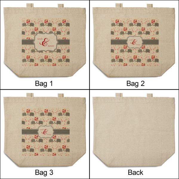Elephants in Love 3 Reusable Cotton Grocery Bags - Front & Back View