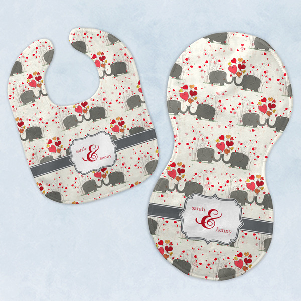 Custom Elephants in Love Baby Bib & Burp Set w/ Couple's Names