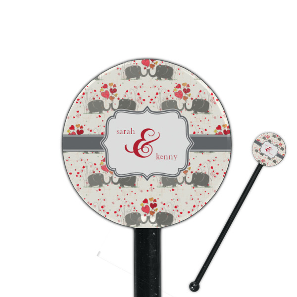 Custom Elephants in Love 5.5" Round Plastic Stir Sticks - Black - Single Sided (Personalized)
