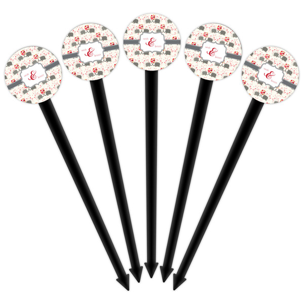 Elephants in Love Black Plastic 6" Food Pick - Round - Fan View