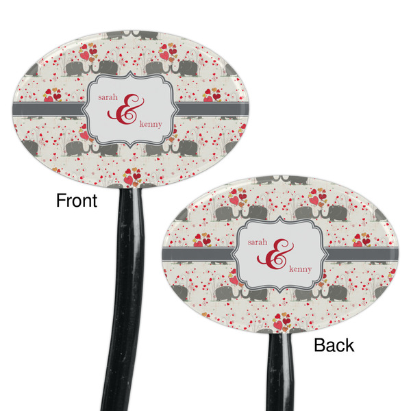 Elephants in Love Black Plastic 7" Stir Stick - Double Sided - Oval - Front & Back