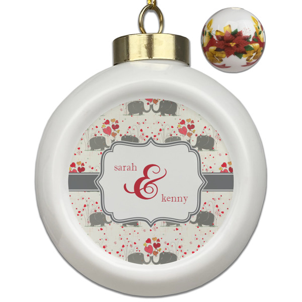 Custom Elephants in Love Ceramic Ball Ornaments - Poinsettia Garland (Personalized)