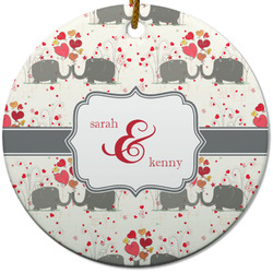 Elephants in Love Round Ceramic Ornament w/ Couple's Names
