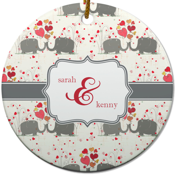 Custom Elephants in Love Round Ceramic Ornament w/ Couple's Names