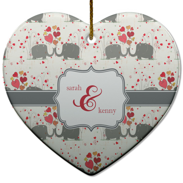 Custom Elephants in Love Heart Ceramic Ornament w/ Couple's Names