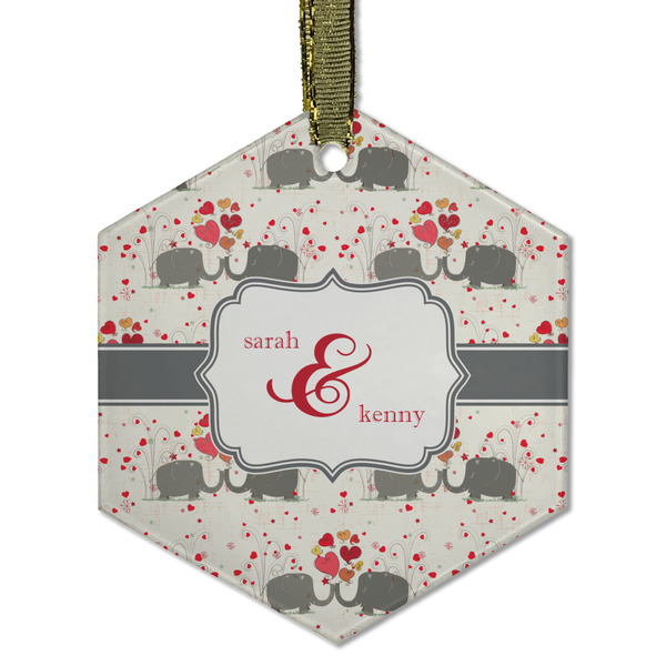 Custom Elephants in Love Flat Glass Ornament - Hexagon w/ Couple's Names