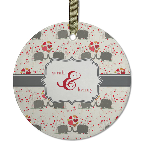 Custom Elephants in Love Flat Glass Ornament - Round w/ Couple's Names