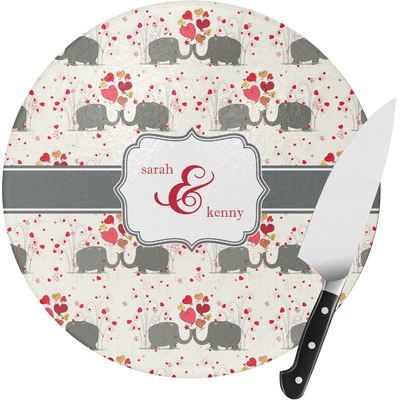 Elephants in Love Round Glass Cutting Board (Personalized)