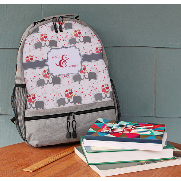 Elephants in Love Large Backpack - Gray - On Desk