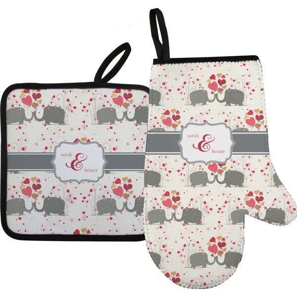 Custom Elephants in Love Oven Mitt & Pot Holder Set w/ Couple's Names