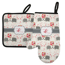 Elephants in Love Left Oven Mitt & Pot Holder Set w/ Couple's Names
