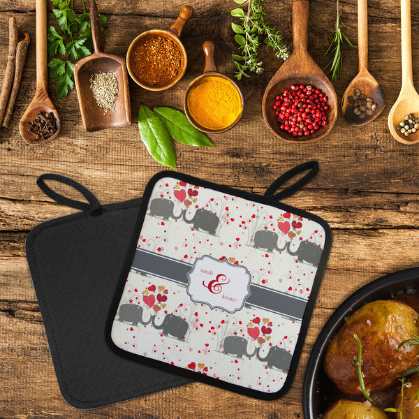 Elephants in Love Neoprene Pot Holder - Set of 2  LIFESTYLE (Flatlay)