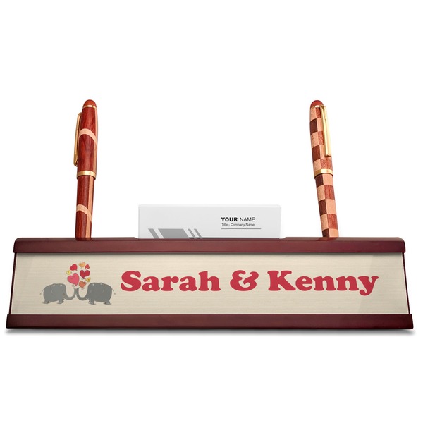 Elephants in Love Red Mahogany Nameplates with Business Card Holder - Straight