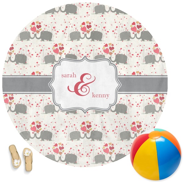 Custom Elephants in Love Round Beach Towel (Personalized)