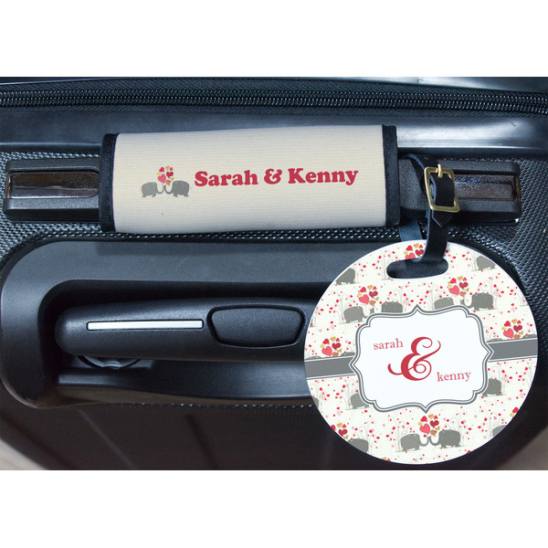 Elephants in Love Round Luggage Tag & Handle Wrap - In Context