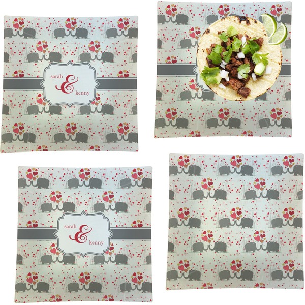 Custom Elephants in Love Set of 4 Glass Square Lunch / Dinner Plate 9.5" (Personalized)