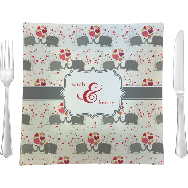 Custom Elephants in Love 9.5" Glass Square Lunch / Dinner Plate- Single or Set of 4 (Personalized)