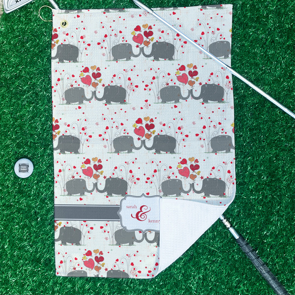 Elephants in Love Waffle Weave Golf Towel - In Context