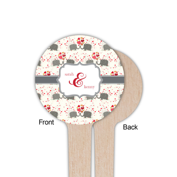 Elephants in Love Wooden 4" Food Pick - Round - Single Sided - Front & Back