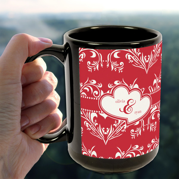 Heart Damask 15oz. Black Mug - LIFESTYLE